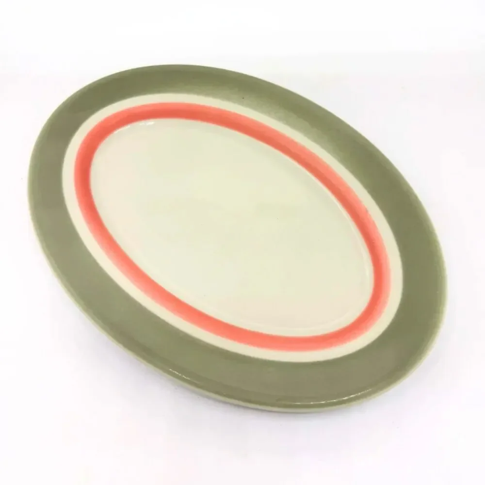 Vintage Shenango Oval Serving Platter Gray Pink RimRol Restaurant Diner Dish MCM